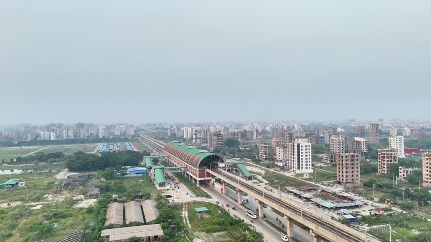 Aerial over Dhaka City, Bangladesh, with Diyabari and Metrorail 