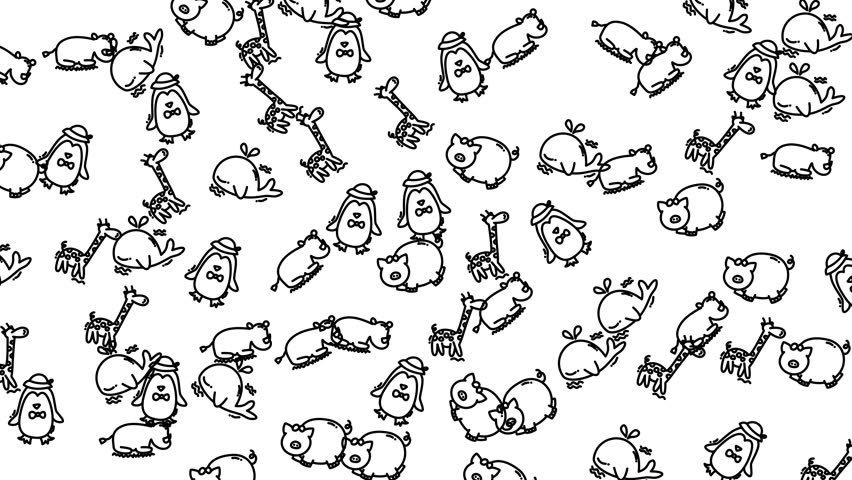 A seamless black and white pattern of doodles features cute animals. Giraffes, penguins with hats, hippos, pigs and seals create a playful design.