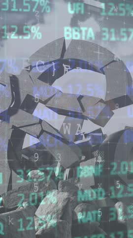 Animation of stop virus sign, financial statistics and crumbling euro currency symbol. global covid 19 pandemic, crisis, recession, finance and business concept digitally generated video.