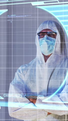 Multiple blue graphs moving over screen with medical data processing against health worker. global business and medical research technology concept