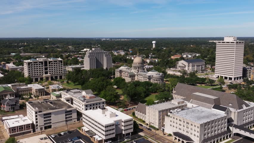 Cinematic Establishing Drone Shot Above Mississippi State Capitol Building