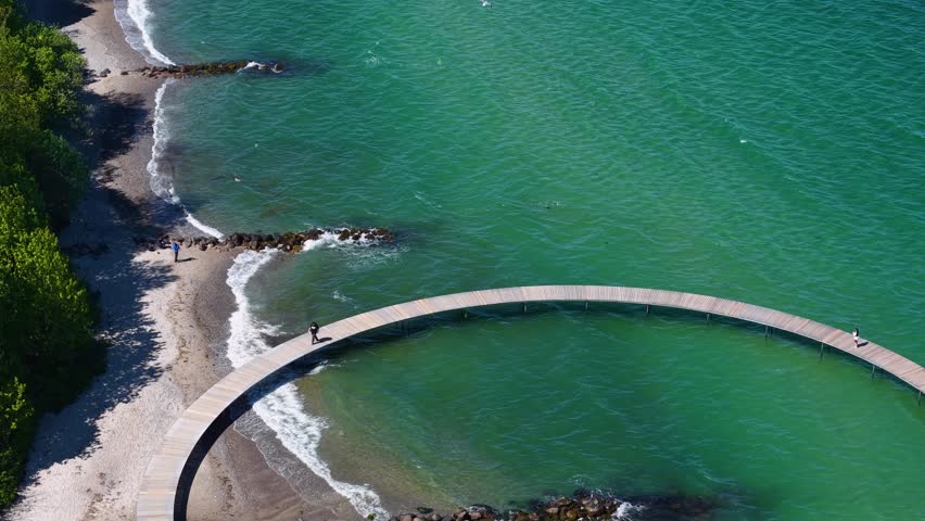 Aerial view of the iconic circular pier at Den Uendelige Bro along the Danish coastline