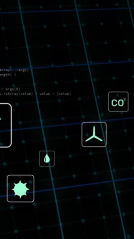 Green line graph and environmental icons animation over grid background. Sustainability, growth, progress, clean energy, green technology, recycling