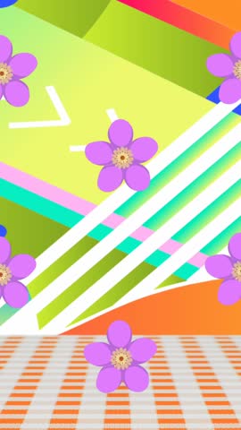 Animation of purple flowers, style texts, bread, hotdog, sandwich, tomatoes over abstract background. Digitally generated, hologram, design, food, art and vector concept.