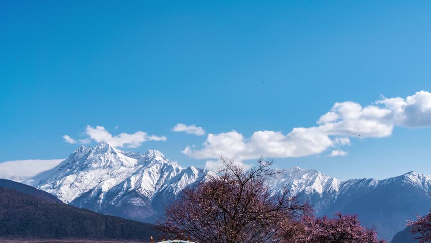 Time lapse clouds drifting over snowy Himalayan peaks in Tibet's Yarlung Tsangpo canyon region with spring blossoms in foreground under brilliant blue sky - Powered by Shutterstock - Get 15% off with code: PIKWIZARD15