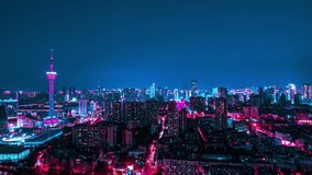 Stunning cyberpunk nightscape of Chengdu citywide skyline with neon pink and blue lights creating a magical futuristic atmosphere perfect for time lapse photography. - Powered by Shutterstock - Get 15% off with code: PIKWIZARD15
