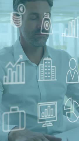 Animation of icons, caucasian man working on computer and joining hands while taking deep breaths. Digital composite, multiple exposure, report, business, education, banking and technology concept.