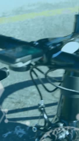 Animation of chemical models and data processing over caucasian woman sitting on bicycle on road. Chemistry, science, computing, technology and data processing concept digitally generated video.