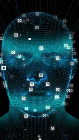 Animation of human head and data processing over dark background. Global artificial intelligence, research, connections, computing and data processing concept digitally generated video.