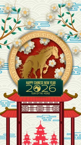 Vertical looping animation featuring a golden horse emblem, blooming branches, cloud motifs, and a traditional red pagoda. Ideal for Chinese New Year greetings, stories, and festive promos.