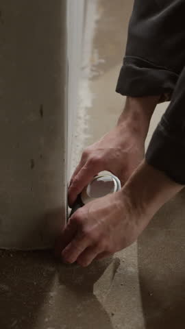 Vertical tilt up shot of attentive construction worker in safety gear and uniform measuring wall dimensions with tape inside unfinished building