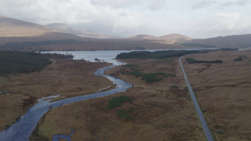 Aerial view of the Scottish Highlands. Dramatic landscapes of Great Britain