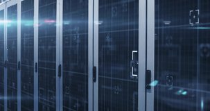 Scan starting, HUD overlay growing over rack row, pulsing lines showing data flow settling. Server, cabinet, corridor, visualization, dashboard, monitoring, network - Powered by Shutterstock - Get 15% off with code: PIKWIZARD15