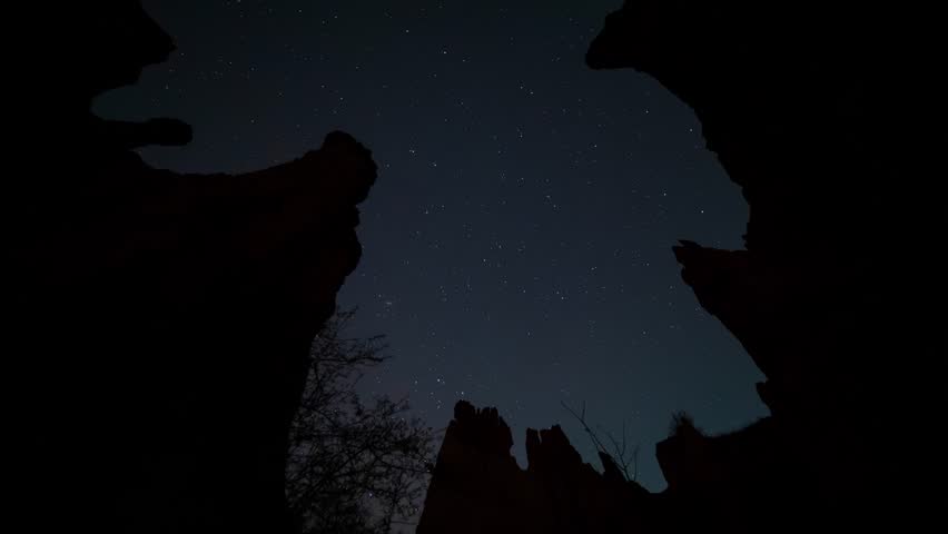 Stunning starry night sky with Milky Way visible through dramatic rock formations and silhouetted trees in Yunnan, China, perfect for astronomy and nature photography. - Powered by Shutterstock - Get 15% off with code: PIKWIZARD15