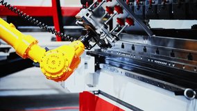 Pick and place industrial robotic arm manipulator moving sheet metal: part of hydraulic press bending machine - Powered by Shutterstock - Get 15% off with code: PIKWIZARD15