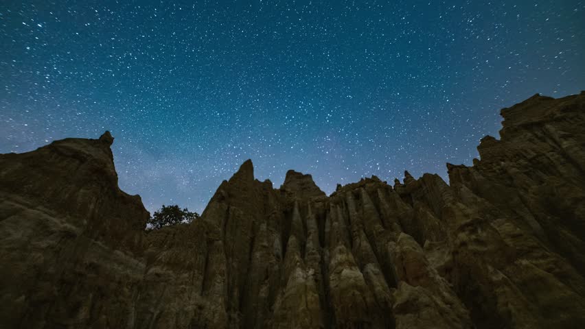 Spectacular Milky Way galaxy stretching across starry night sky above dramatic rock formations in Yunnan, China, creating stunning astrophotography landscape scene.