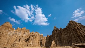 Dramatic eroded rock formations and canyon walls under blue sky with white clouds in Yunnan Province, China. Perfect for travel and landscape photography projects. - Powered by Shutterstock - Get 15% off with code: PIKWIZARD15