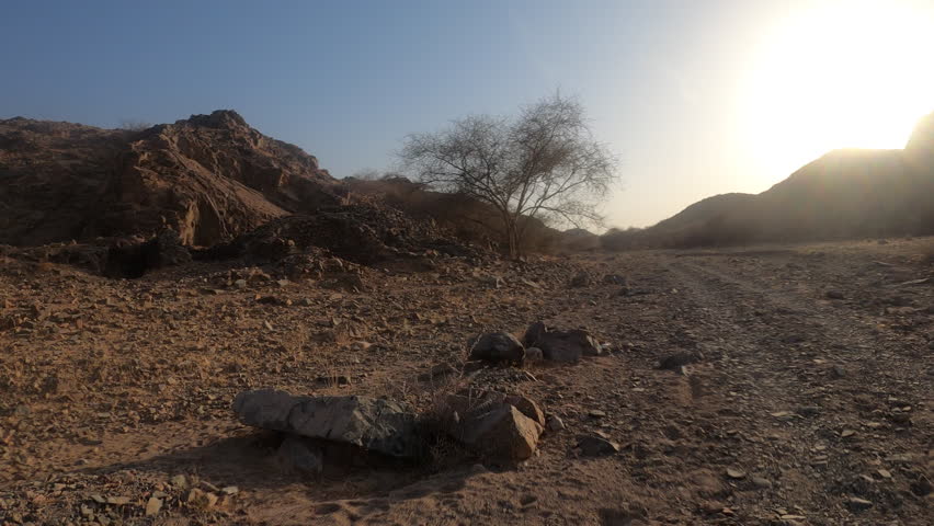 A rugged and remote desert scene featuring a large rocky hill, scattered dry brush, and a dirt foreground under a clear, bright sky. Ideal for travel, history, and nature docs.