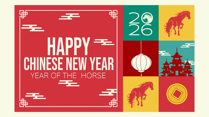 Festive 4K looping animation with bold panels featuring greeting text, zodiac horse, lantern, pagoda, and 2026 typography. Perfect for Chinese New Year promos, intros, and holiday visuals.