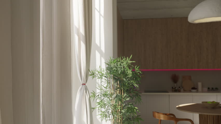 Curly-haired woman stretching hands while looking out window in morning light