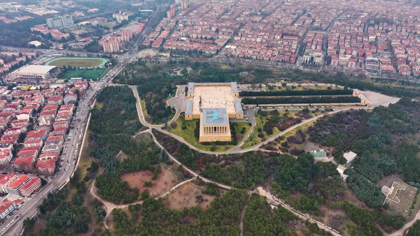 Aerial View of Anıtkabir in Ankara, Türkiye – Mausoleum of Mustafa Kemal Atatürk with Turkish Flag