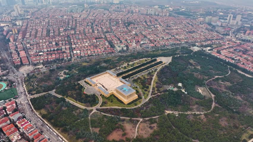 Aerial View of Anıtkabir in Ankara, Türkiye – Mausoleum of Mustafa Kemal Atatürk with Turkish Flag
