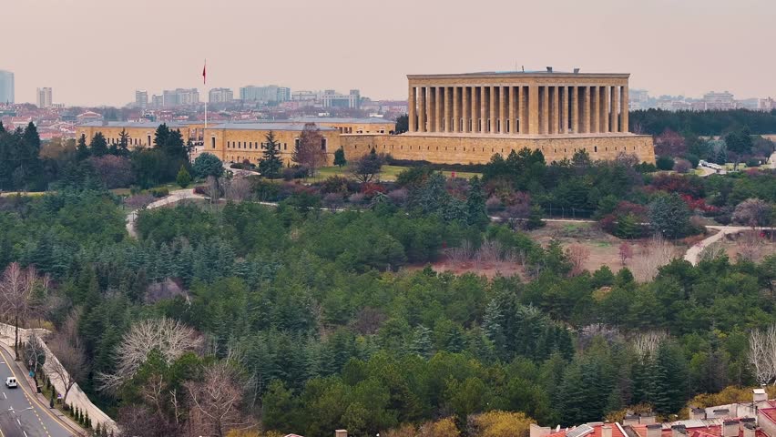 Aerial View of Anıtkabir in Ankara, Türkiye – Mausoleum of Mustafa Kemal Atatürk with Turkish Flag
