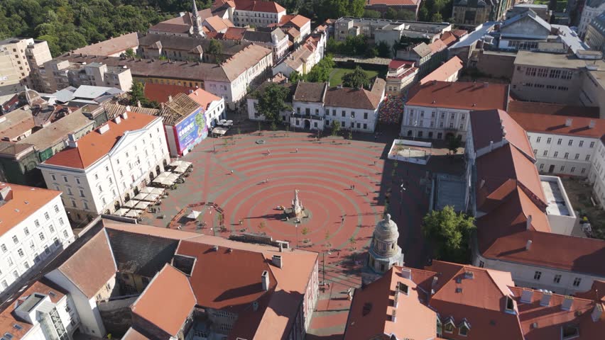 Drone view of Timisoara’s Liberty Square, highlighting its architecture, landmarks, and urban layout.