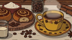 Warm morning setup featuring fresh cinnamon rolls and a steaming cup of coffee. 2D anime video background for relaxing and studying - Powered by Shutterstock - Get 15% off with code: PIKWIZARD15