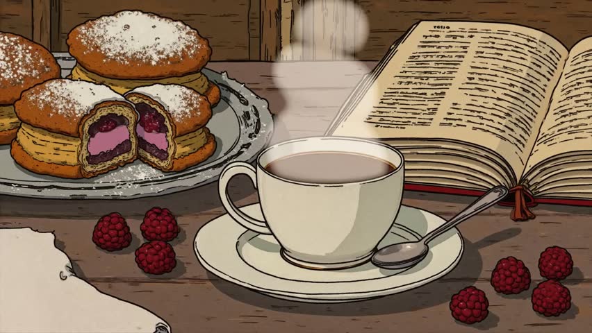 Rustic pastry and coffee setup with fresh raspberries and a vintage book. 2D anime video background for relaxing and studying