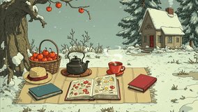 Rustic winter setup featuring steaming tea, fruit basket, and a snow-covered cabin. 2D anime video background for relaxing and studying - Powered by Shutterstock - Get 15% off with code: PIKWIZARD15