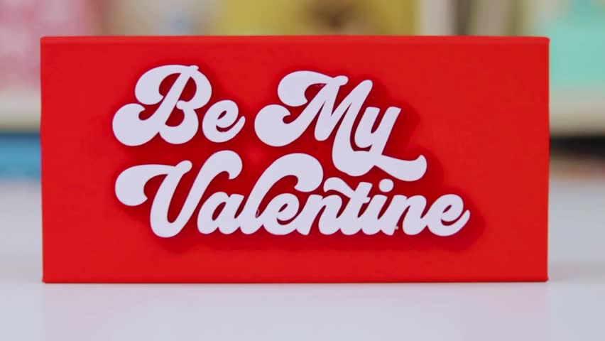 Handmade Valentine’s Day gift with a red box and “Be My Valentine” sign, decorated with ribbons and hearts. Perfect for love celebrations, romantic themes, and heartfelt gifting visuals.