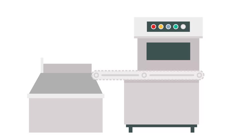 Automated Product packaging machine animation, freshly baked load being inspected and packaging system animated video, baker and bakery production unit motion graphics