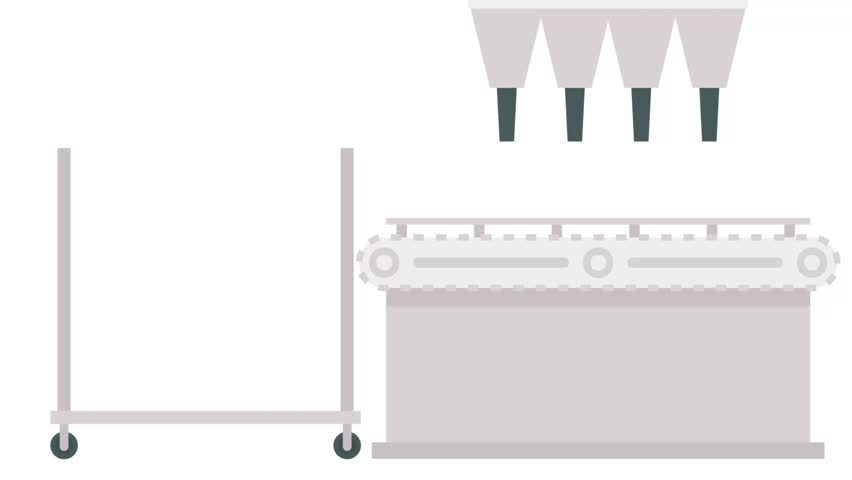 Automated Batter Filling conveyor belt machine animation, Container being filled with dough and racked automatically inside large bakery unit animated video, baker and bakery motion graphics
