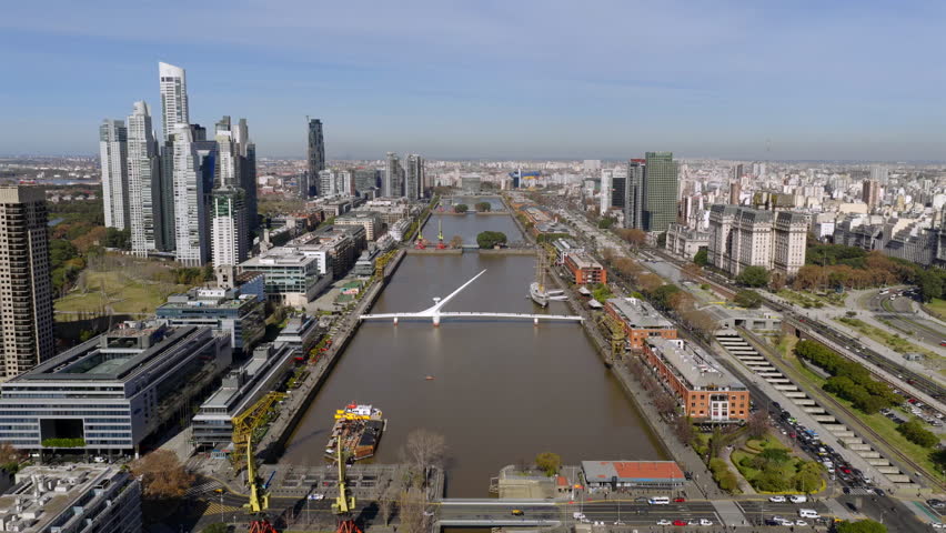 Aerial view of Puente de la Mujer and Puerto Madero in Buenos Aires, Argentina.