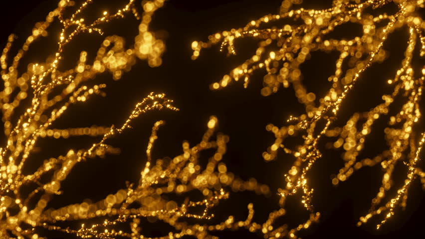 A branching coral shape made of golden sand or glitter, growing outward in all directions with bokeh effect. 3d render animation.