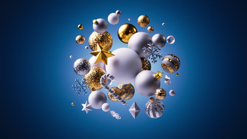 Round ornaments, snowflakes, and golden details elegantly fly in to form a luxurious winter decoration against a vibrant blue backdrop. 3D render animation.