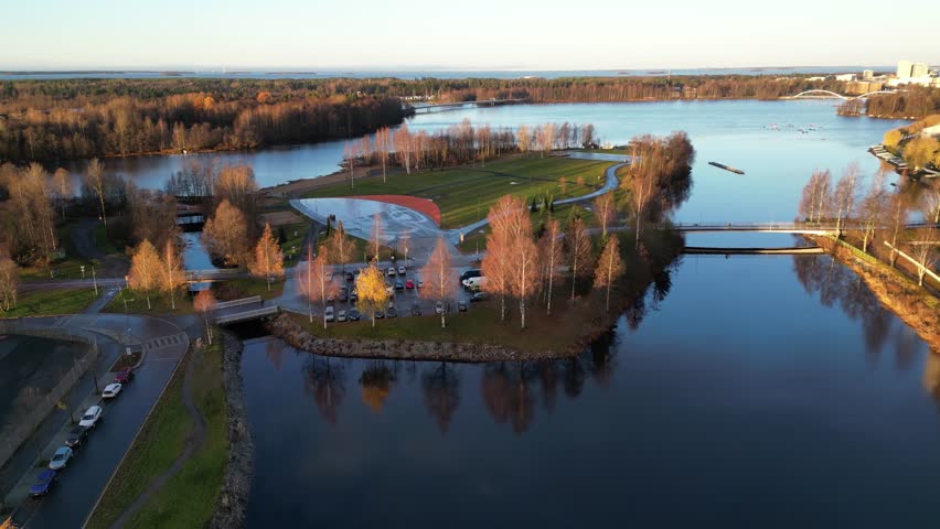 Aerial view of the city of Oulu in autumn morning, Finland