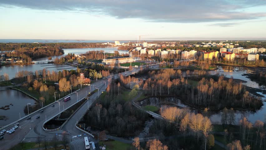 Aerial view of the city of Oulu in autumn morning, Finland