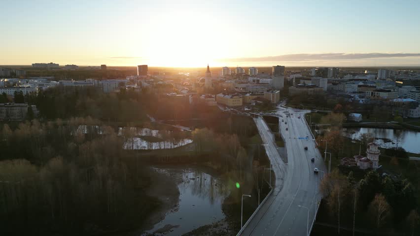 Aerial view of the city of Oulu in autumn morning, Finland