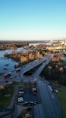 Aerial view of the city of Oulu in autumn morning, Finland