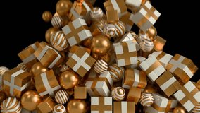 Festive 3D transition of falling golden gifts and Christmas ornament balls filling the screen on a transparent alpha channel - Powered by Shutterstock - Get 15% off with code: PIKWIZARD15