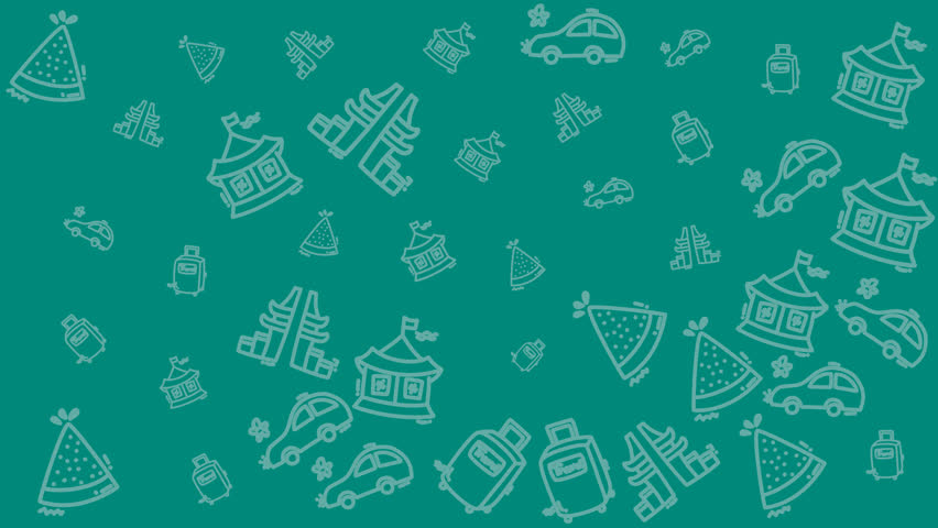 Seamless holiday travel pattern featuring doodle icons of landmarks, suitcases, and maps on a teal background. Ideal for tourism design, packaging, wallpaper, and digital art projects.