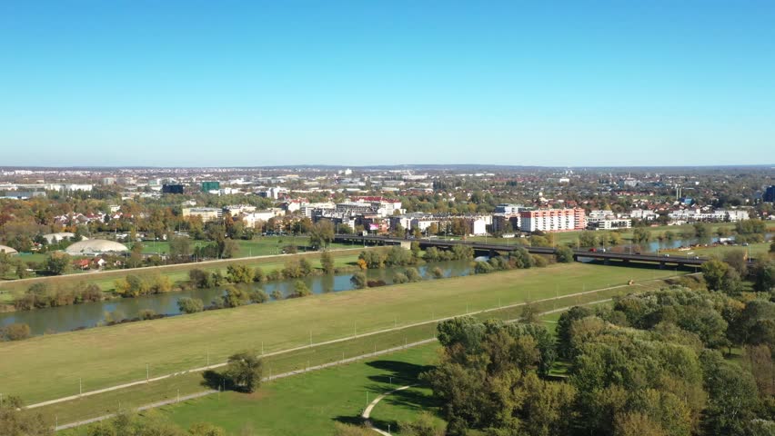 Panoramic view of the Sava river in Zagreb, Croatia, city skyline in background
