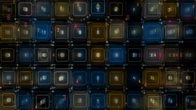 Abstract Digital Neon Numbers Grid of Glass Cubes For Tech BG. A vibrant abstract background featuring neon numbered squares, glassy grid blocks, and glowing connections. Perfect for technology - Powered by Shutterstock - Get 15% off with code: PIKWIZARD15