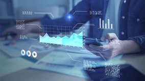 Businessman analyzing virtual data futuristic holographic dashboard business intelligence BI financial analysis big data visualization. stock market investment trends financial performance statistics - Powered by Shutterstock - Get 15% off with code: PIKWIZARD15