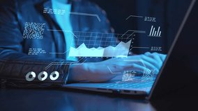 Businessman analyzing virtual data futuristic holographic dashboard business intelligence BI financial analysis big data visualization. stock market investment trends financial performance statistics - Powered by Shutterstock - Get 15% off with code: PIKWIZARD15