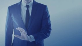 Businessman analyzing virtual data futuristic holographic dashboard business intelligence BI financial analysis big data visualization. stock market investment trends financial performance statistics - Powered by Shutterstock - Get 15% off with code: PIKWIZARD15