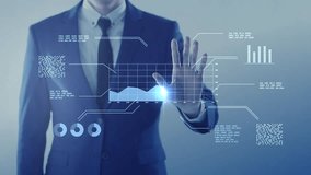 Businessman analyzing virtual data futuristic holographic dashboard business intelligence BI financial analysis big data visualization. stock market investment trends financial performance statistics - Powered by Shutterstock - Get 15% off with code: PIKWIZARD15