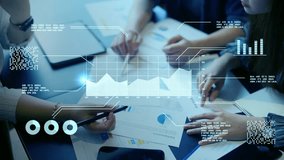 Businessman analyzing virtual data futuristic holographic dashboard business intelligence BI financial analysis big data visualization. stock market investment trends financial performance statistics - Powered by Shutterstock - Get 15% off with code: PIKWIZARD15